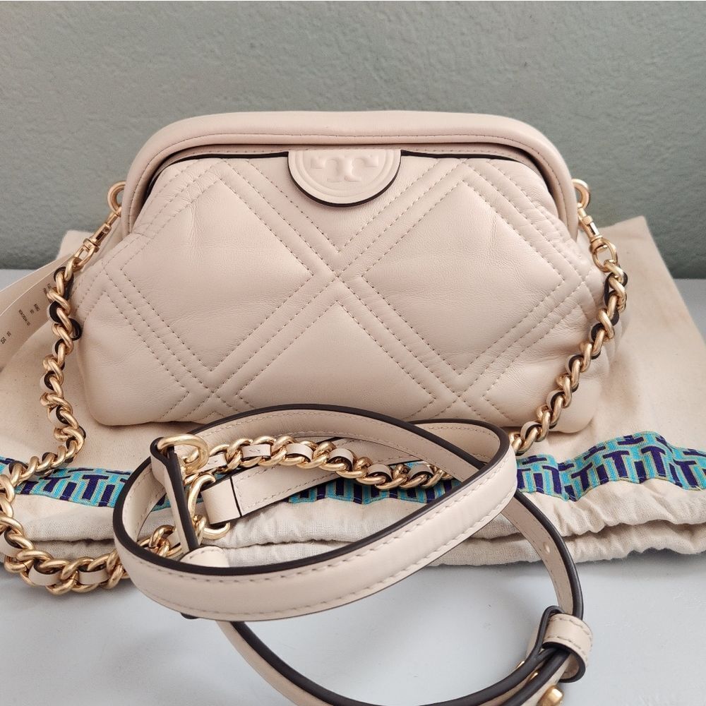 Tory Burch Cream Quilted Leather Shoulder Bag with Gold Chain